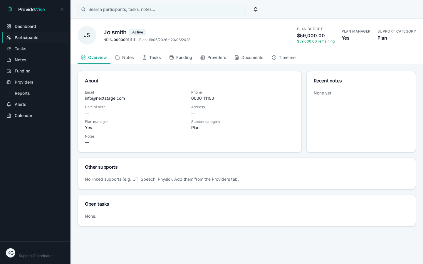 Participant profile in ProvideWise showing plan budget, plan manager, support category and recent notes.