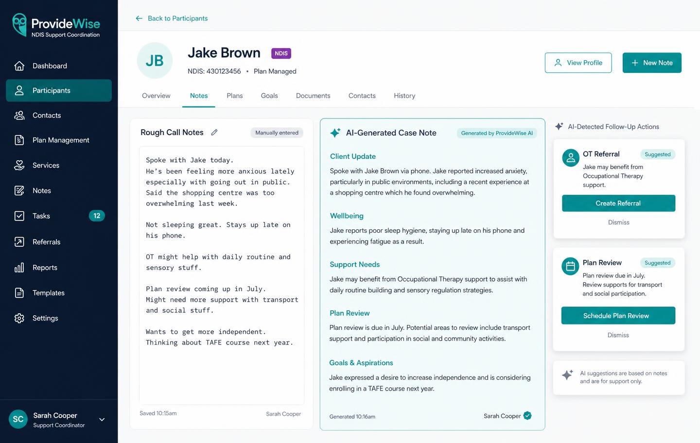 ProvideWise notes screen showing rough call notes transformed into an AI-generated professional case note.